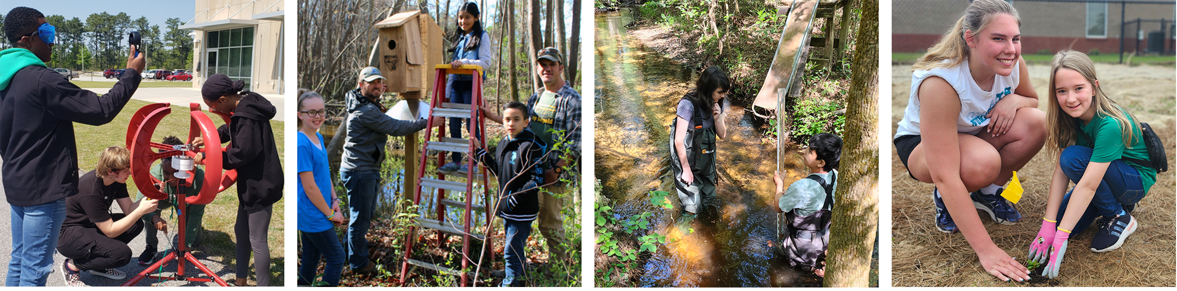 4 pictures in a row including students testing a wind turbine, students installing a wood duck nesting box, students sampling water quality in a stream and students planting a flower