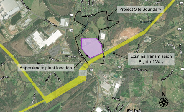 An aerial map showing a highlighted project area near several industrial buildings and roadways. A purple polygon marks the proposed plant site within a larger black-outlined project site boundary. A wide yellow corridor labeled “Existing Transmission Right‑of‑Way” crosses diagonally through the map. Another yellow area labeled “Approximate plant location” is positioned to the southwest. Major roads such as Highway 11 and Gaffney Road are visible, along with surrounding wooded and developed land. A north arrow is shown in the bottom right corner.