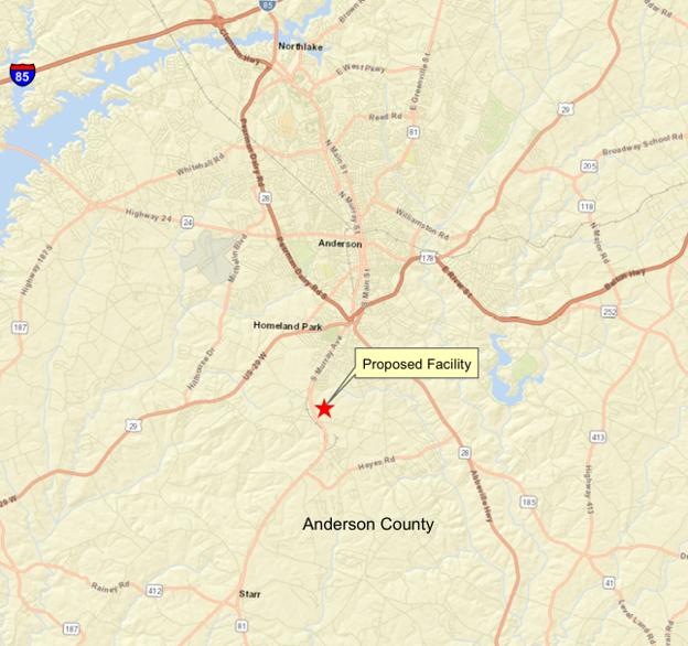 A map of Anderson County, South Carolina, showing major roads and nearby towns, including Anderson, Northlake, Homeland Park, and Starr. Interstate 85 appears in the upper left. A red star marks the location of a “Proposed Facility” southwest of Anderson, with a label and arrow pointing to the site. Surrounding roads include Highway 28, Highway 29, Highway 187, Hayes Road, and Broadway School Road. Lakes and shaded terrain features are also visible.