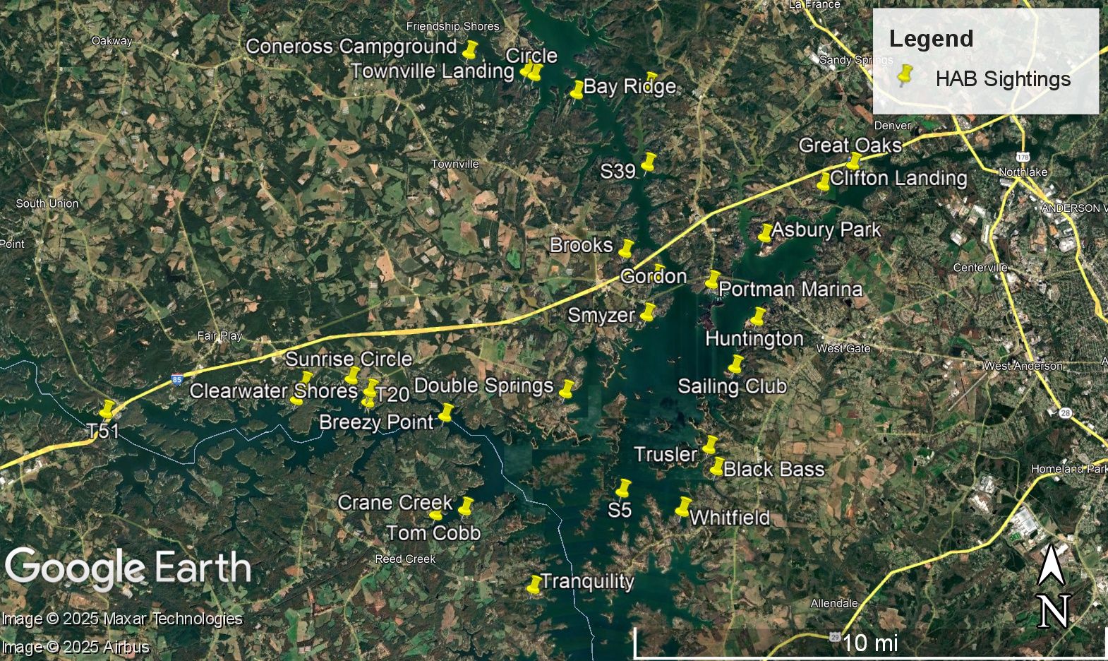 google map of sightings of Lake Hartwell HABS
