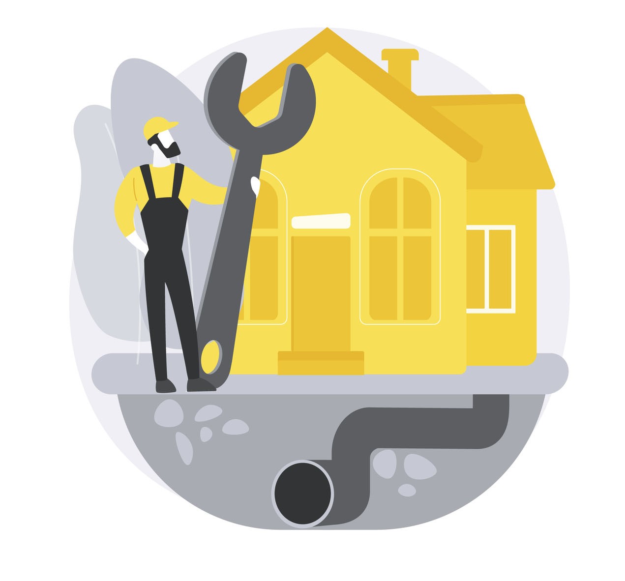 An illustrated worker holding a large wrench stands beside a house with a pipe system shown below.