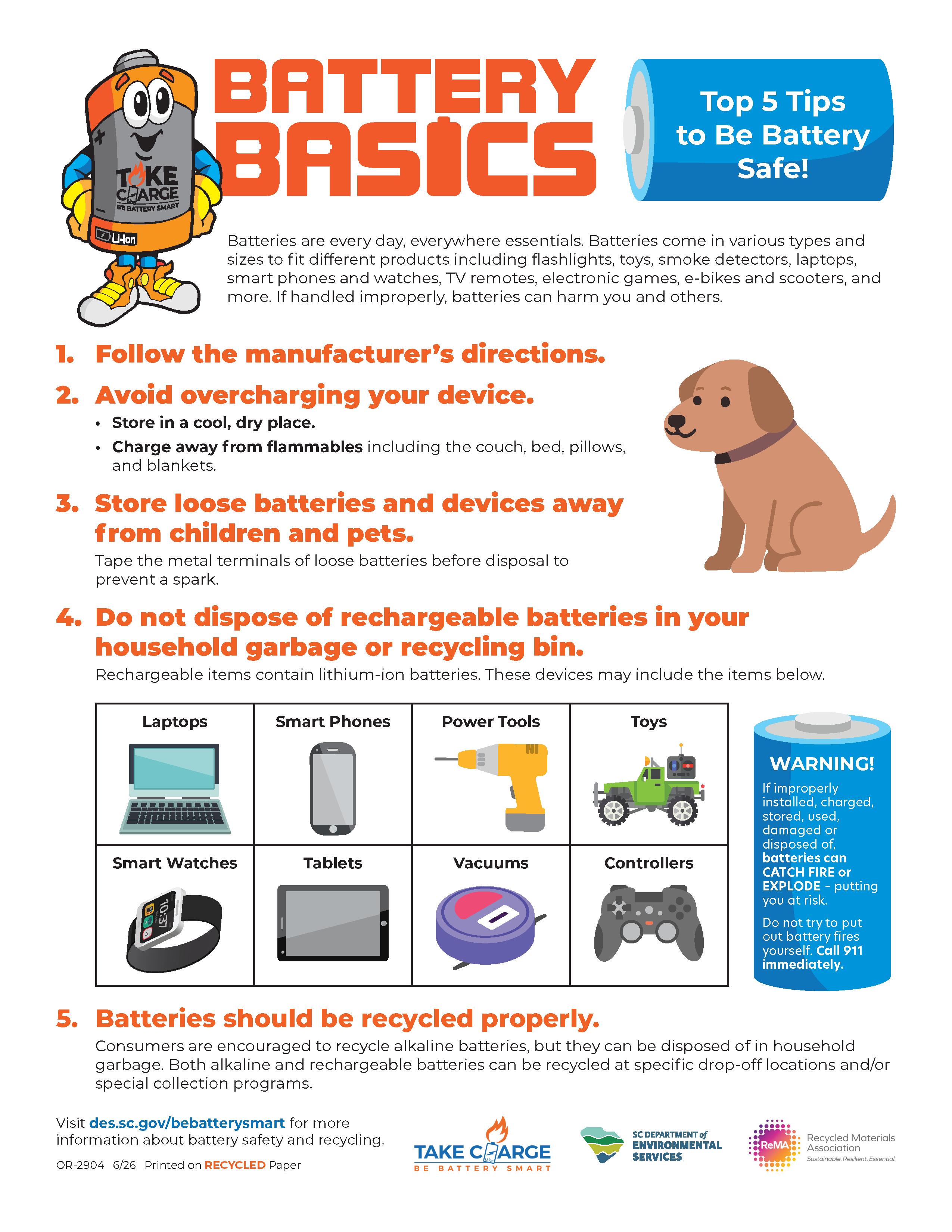 Infographic with five battery safety tips: follow directions, avoid overcharging, store batteries safely, don’t throw rechargeable batteries in household trash or recycling, and recycle properly. Includes icons of common battery‑powered devices and a warning that damaged batteries can catch fire.