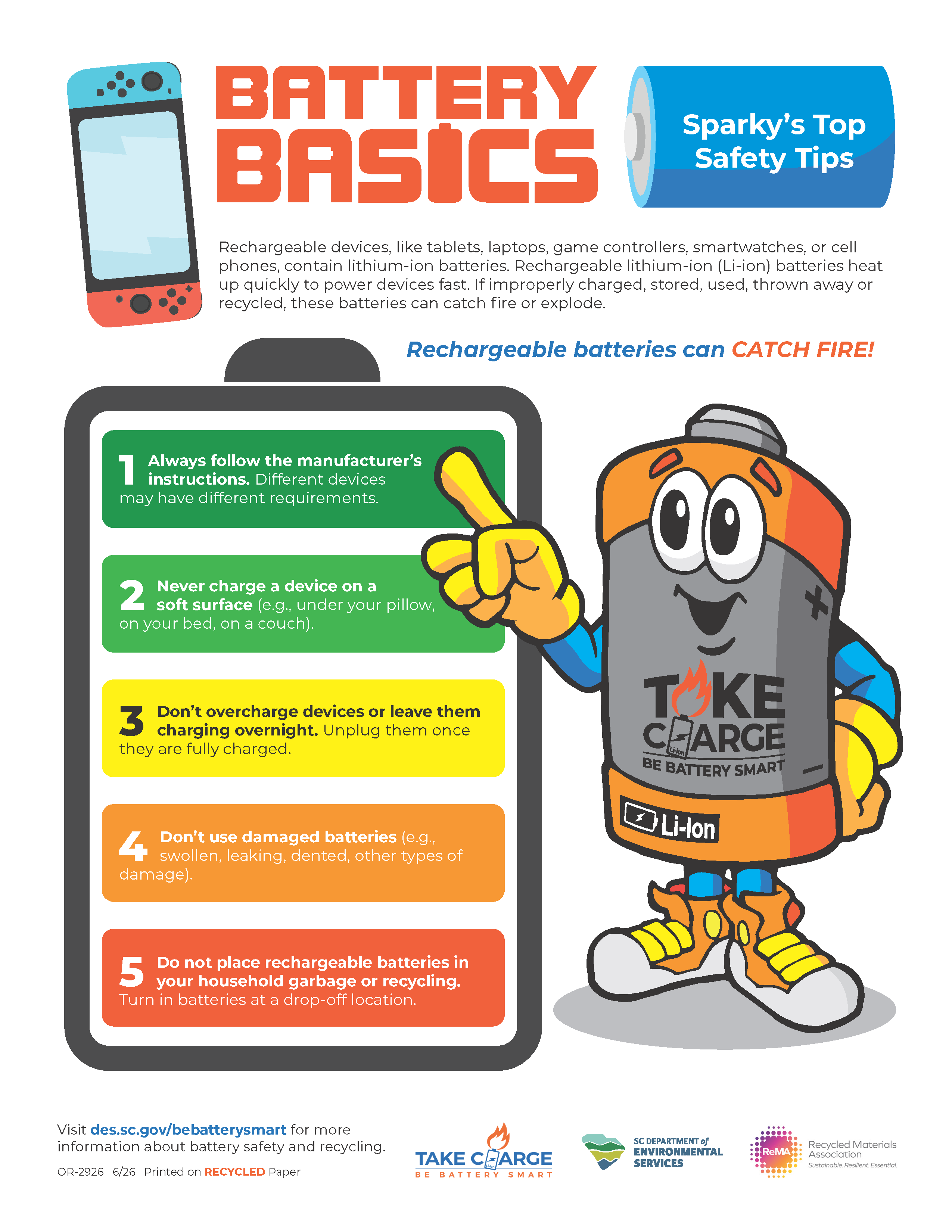 Infographic with safety tips for rechargeable lithium‑ion batteries. It lists five tips: follow manufacturer instructions, don’t charge on soft surfaces, avoid overcharging or overnight charging, don’t use damaged batteries, and don’t throw rechargeable batteries in household trash. Includes simple illustrations of devices and a cartoon battery character.