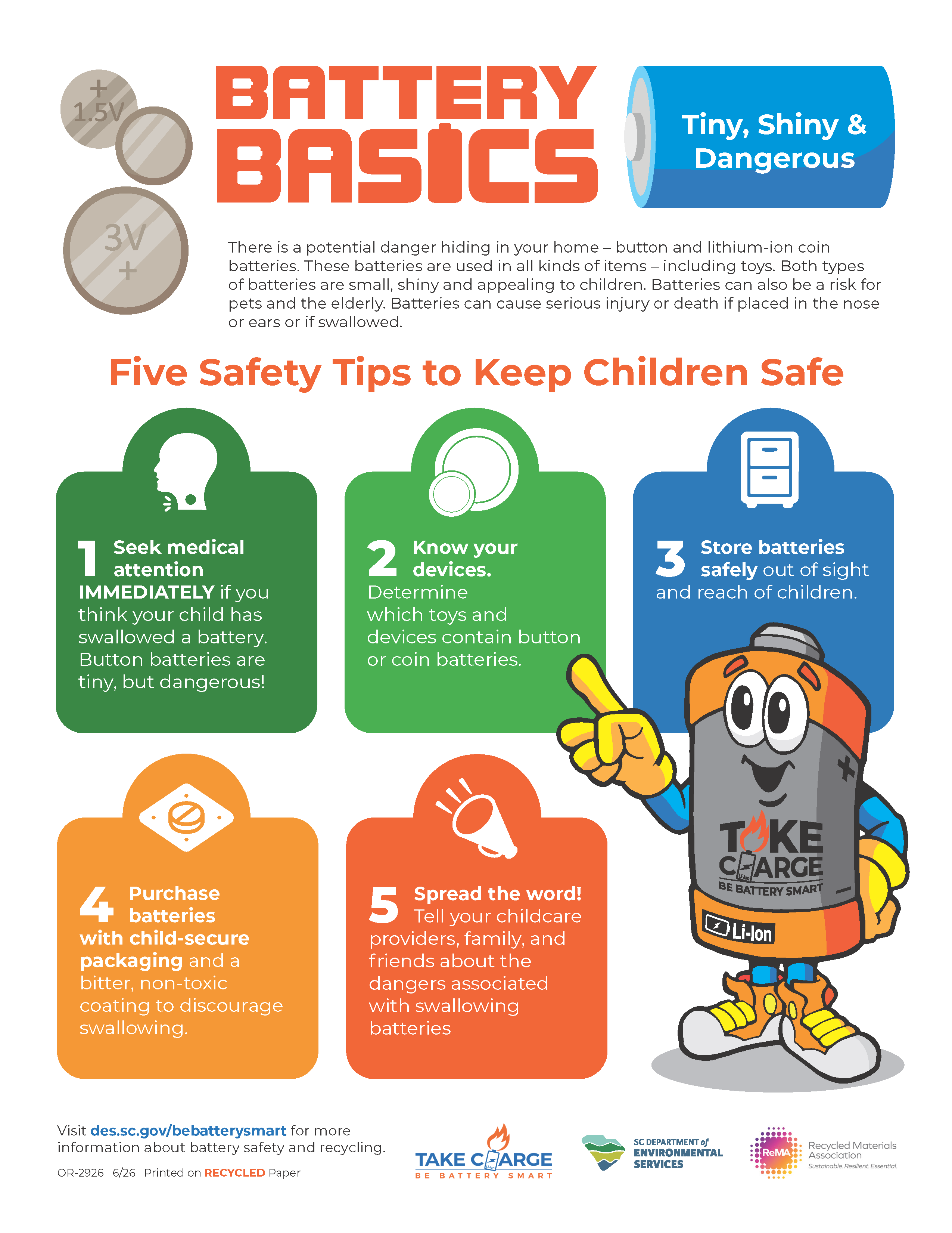 Infographic about safety tips for button and coin batteries. Lists five child‑safety tips: seek medical help immediately if a battery is swallowed, identify which devices use button or coin batteries, store batteries out of children’s reach, buy child‑secure packaging, and share safety information with caregivers. Includes simple illustrations and a cartoon battery character.