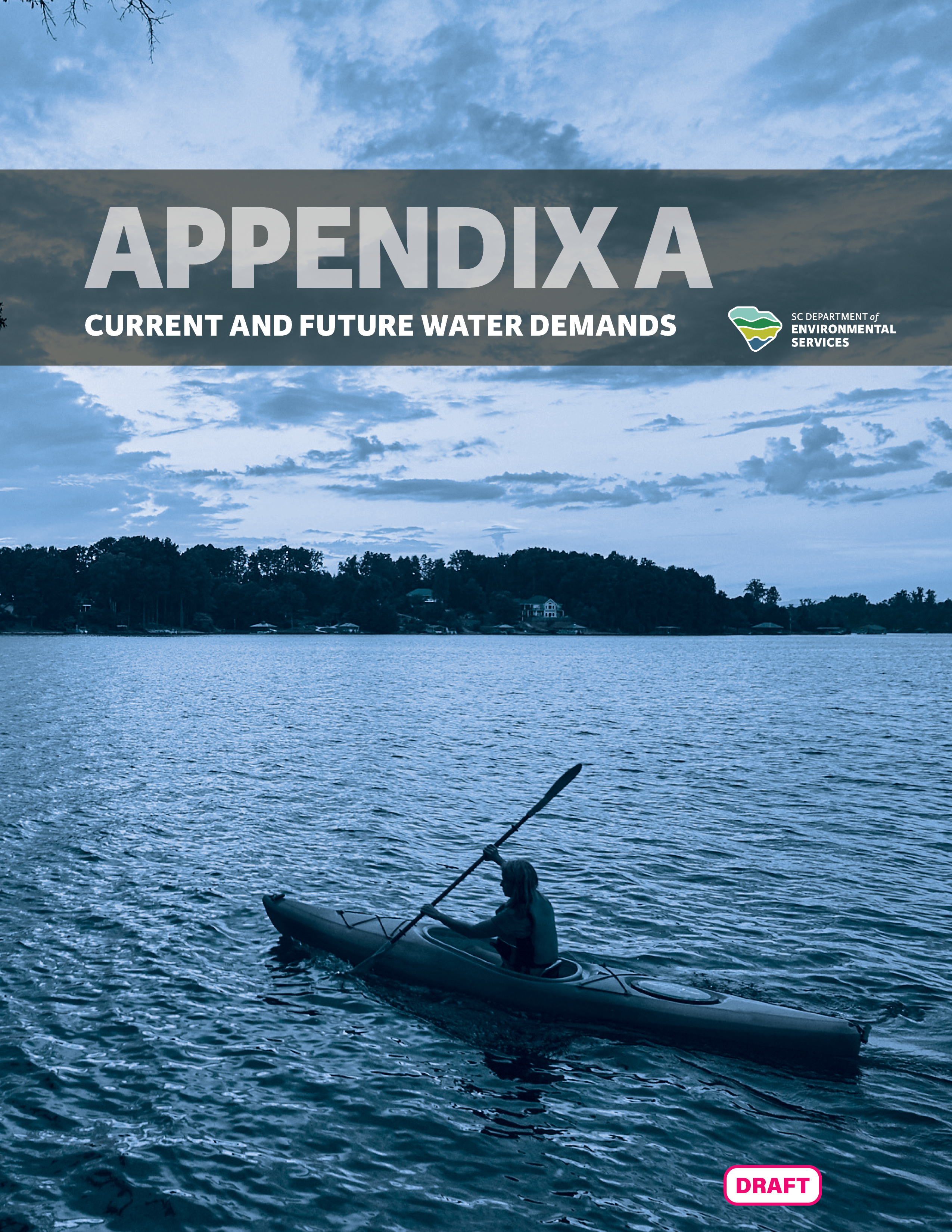 Cover of 'Appendix A: Current and Future Water Demands' of the State Water Planfeaturing an individual kayaking on a tranquil river at dusk.