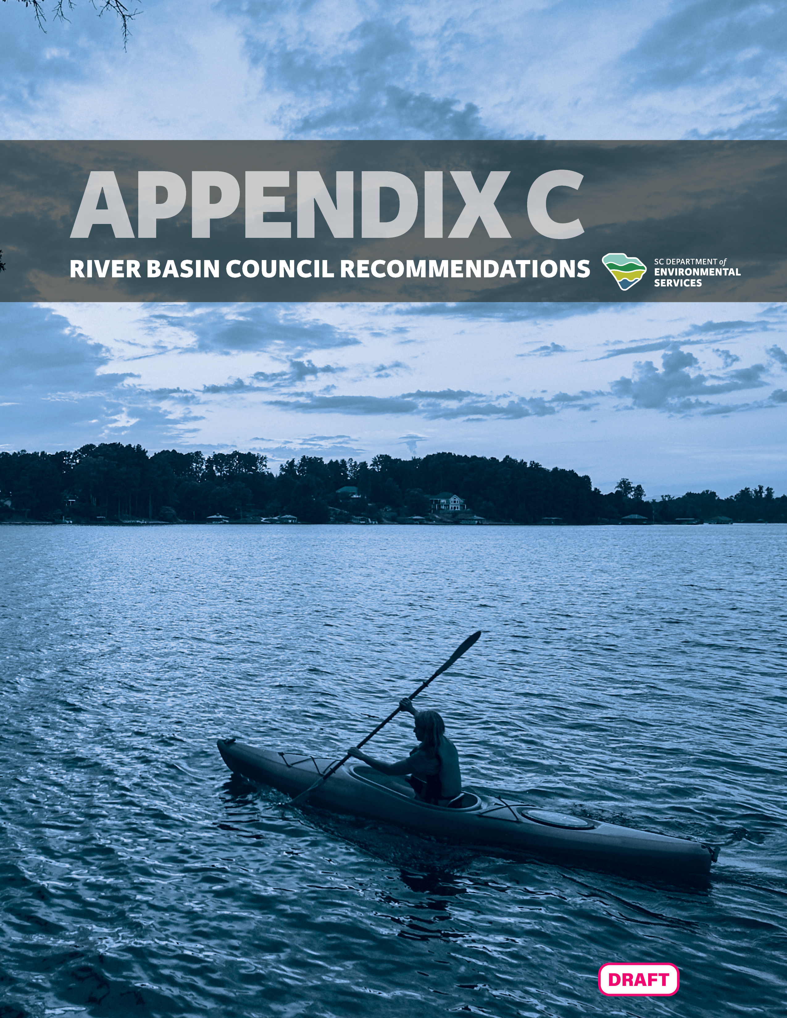 Cover of 'Appendix C: River Basin Council Recommendations' of the State Water Plan, featuring an individual kayaking on a tranquil river at dusk.
