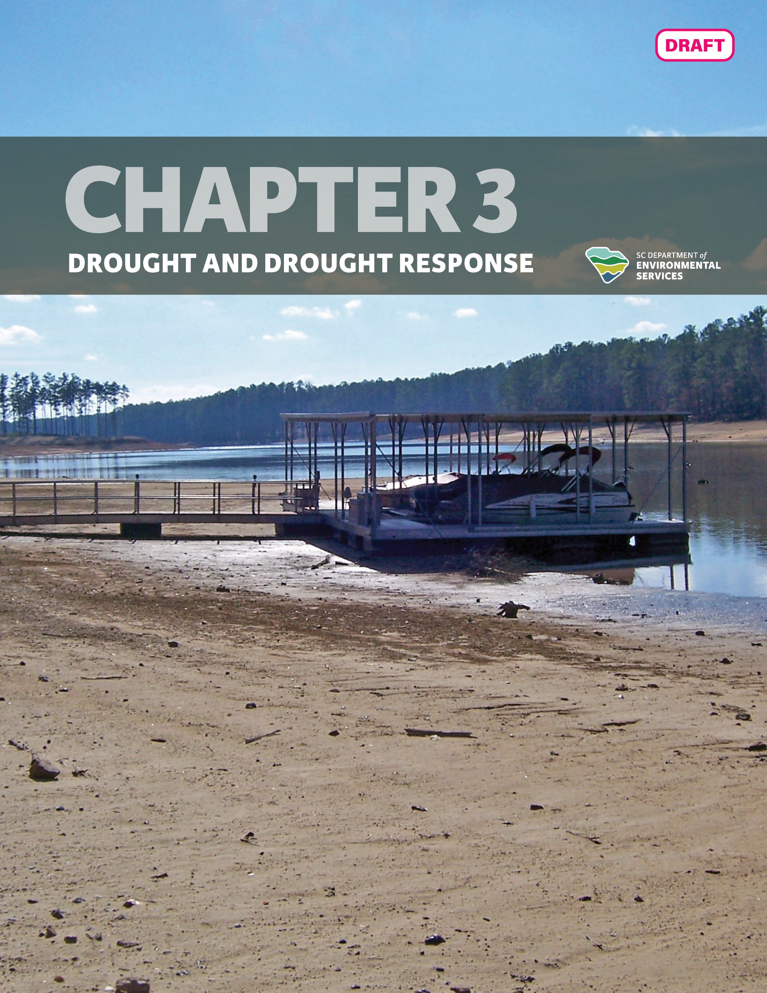 Cover of "Chapter 3: Drought and Drought Response" of the State Water Plan, featuring a low water level at a lake with a dock and boat.