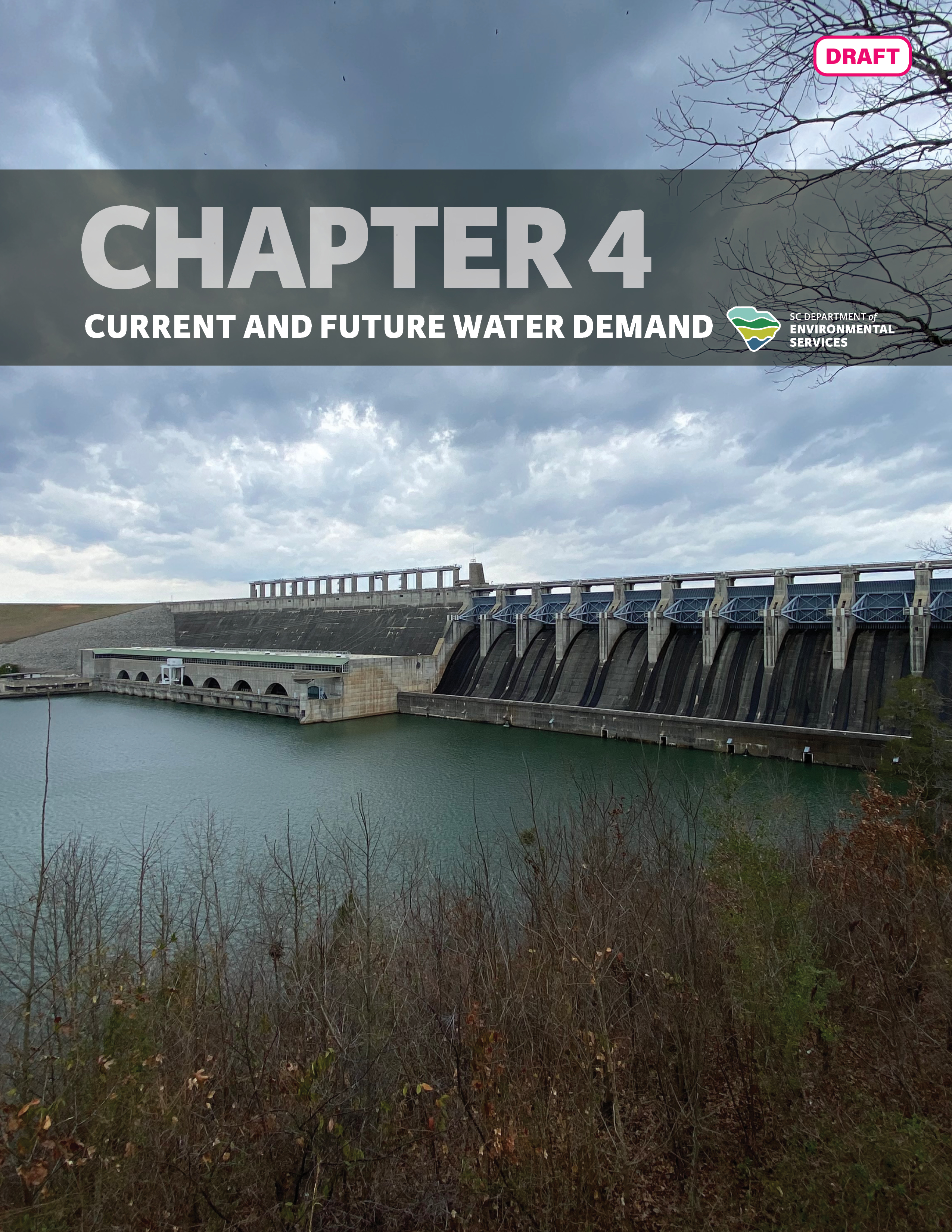 Cover of a report titled 'Chapter 4: Current and Future Water Demand' of the State Water Plan, showing an image of a large dam.