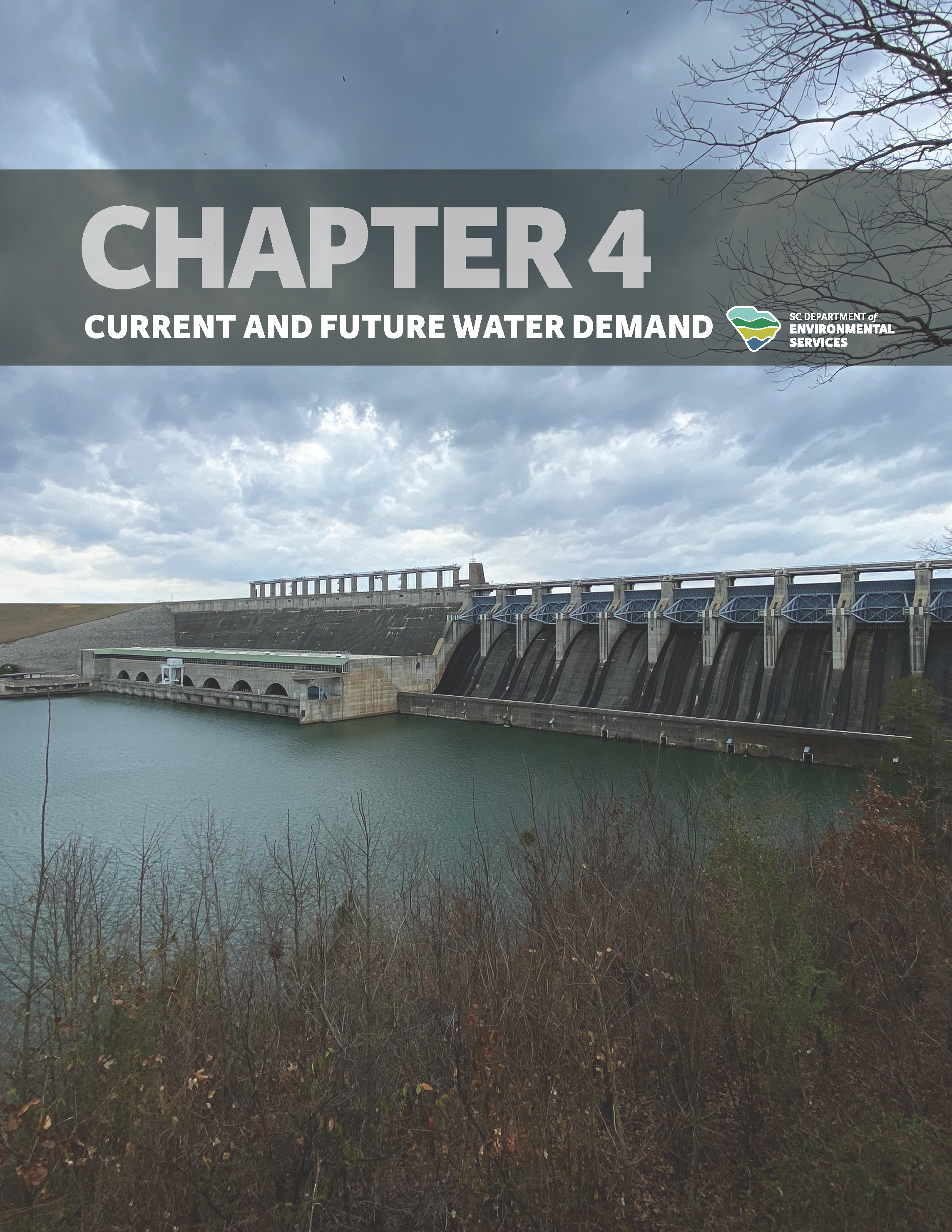 Cover of a report titled 'Chapter 4: Current and Future Water Demand' of the State Water Plan, showing an image of a large dam.