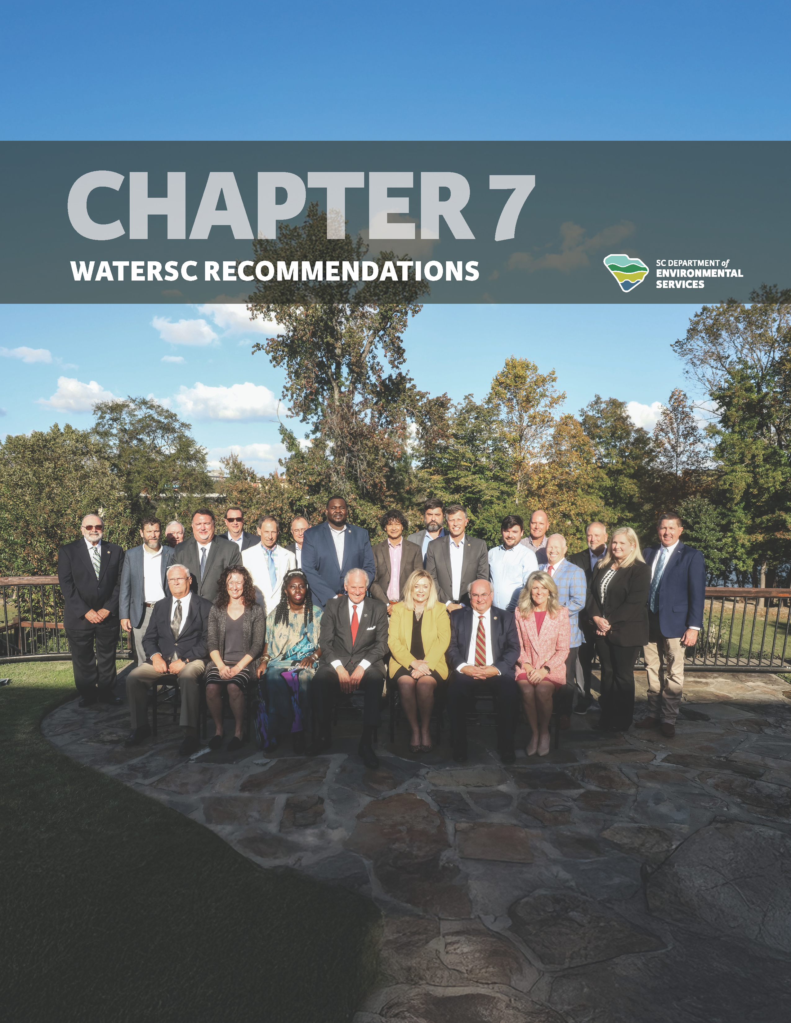 Group of professionals posing for a photo outdoors, with trees and a clear sky in the background. They are standing and sitting in three rows. The image is labeled 'Chapter 7: WATERSC Recommendations' from the draft SWP.
