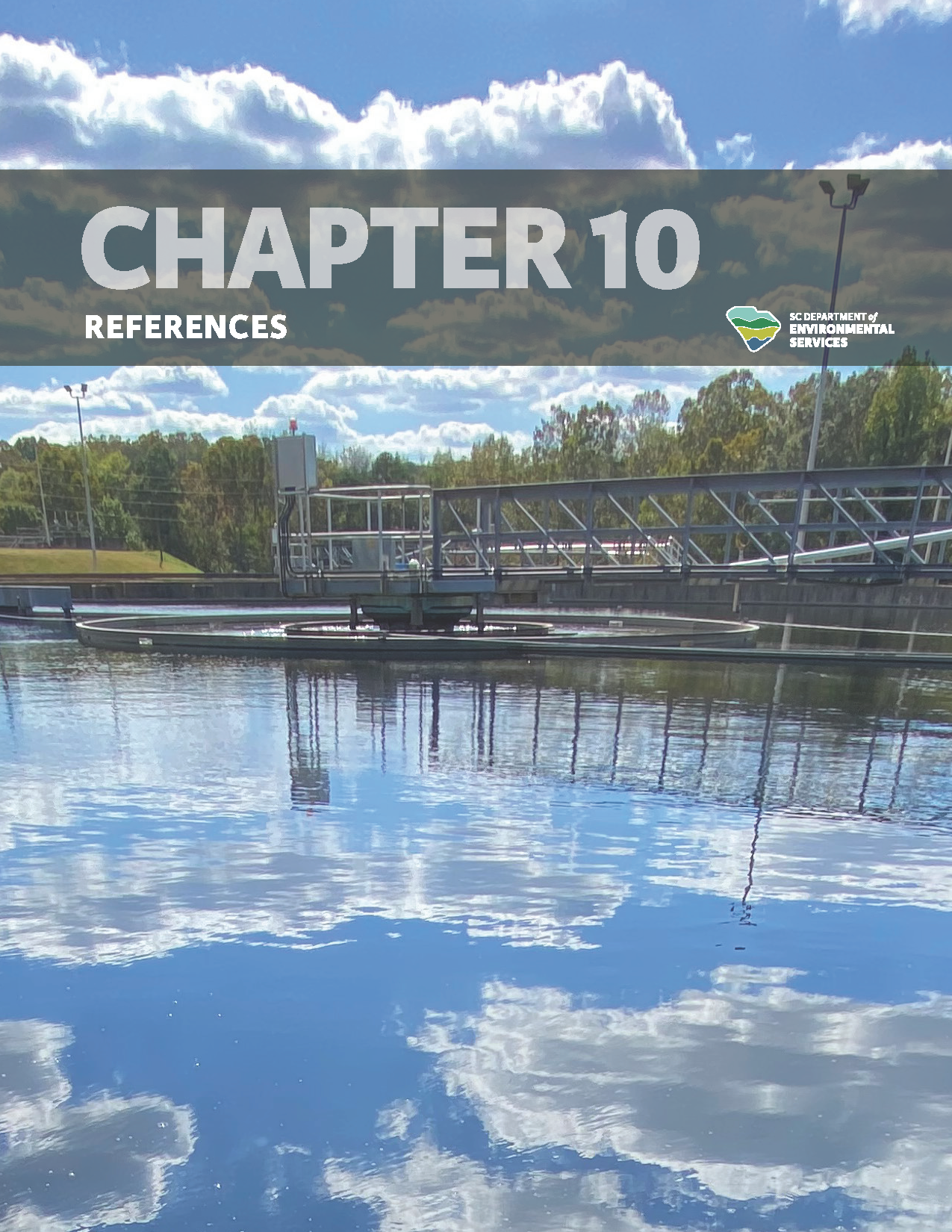 Draft cover of "Chapter 10: References" of the State Water Plan, featuring a reflective body of water with a floating platform, under a cloudy sky.