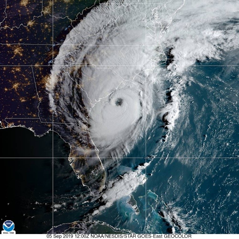 Satellite image showing Hurricane Dorian off the South Carolina coast in September 2019 -- NOAA.