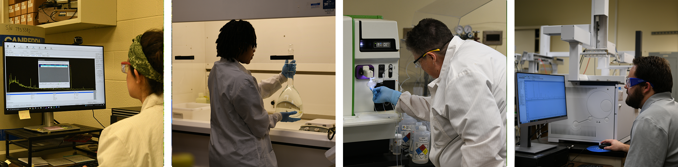 A person analyzes a chart on a computer screen in a lab. Another individual pours liquid in a lab setting. A third person uses a green and white scientific instrument. Lastly, a person with goggles examines a monitor in a lab, with scientific equipment nearby.