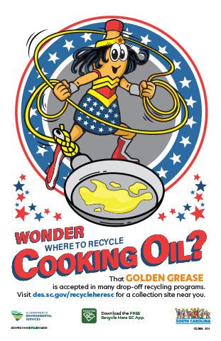 Bottle dressed as Wonder Woman swinging a lasso of oil in a skillet. 
