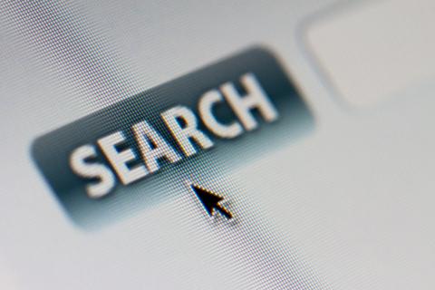 Close‑up screenshot of a computer screen showing a large “SEARCH” button with a cursor pointing at it.
